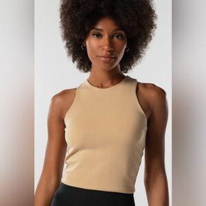 KADA The Sculpt Racerback Crop Tank Top in Camel Tan Brown, size Medium